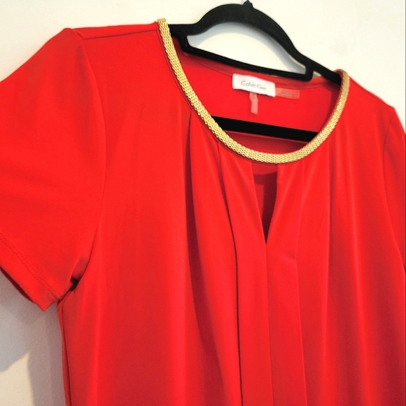 2/$18 Calvin Klein Orange Red Gold Chainlink Pleated Loose Stretchy Top S - Picture 7 of 7